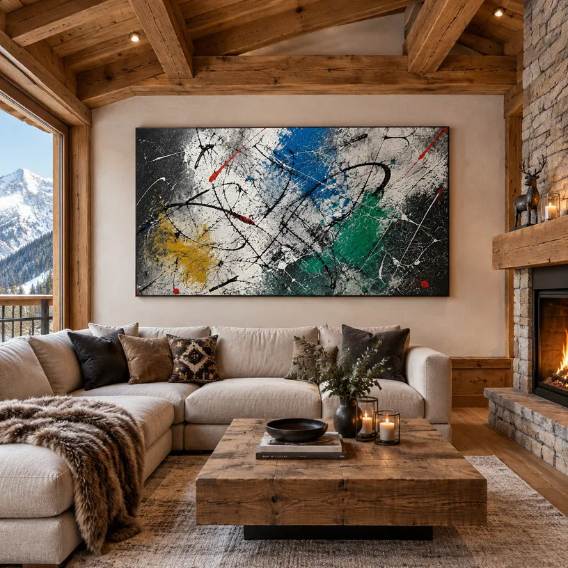 Abstract Expressionist abstract oil painting showing dark layered strokes with jewel-toned accents in a black palette, contemporary wall art.