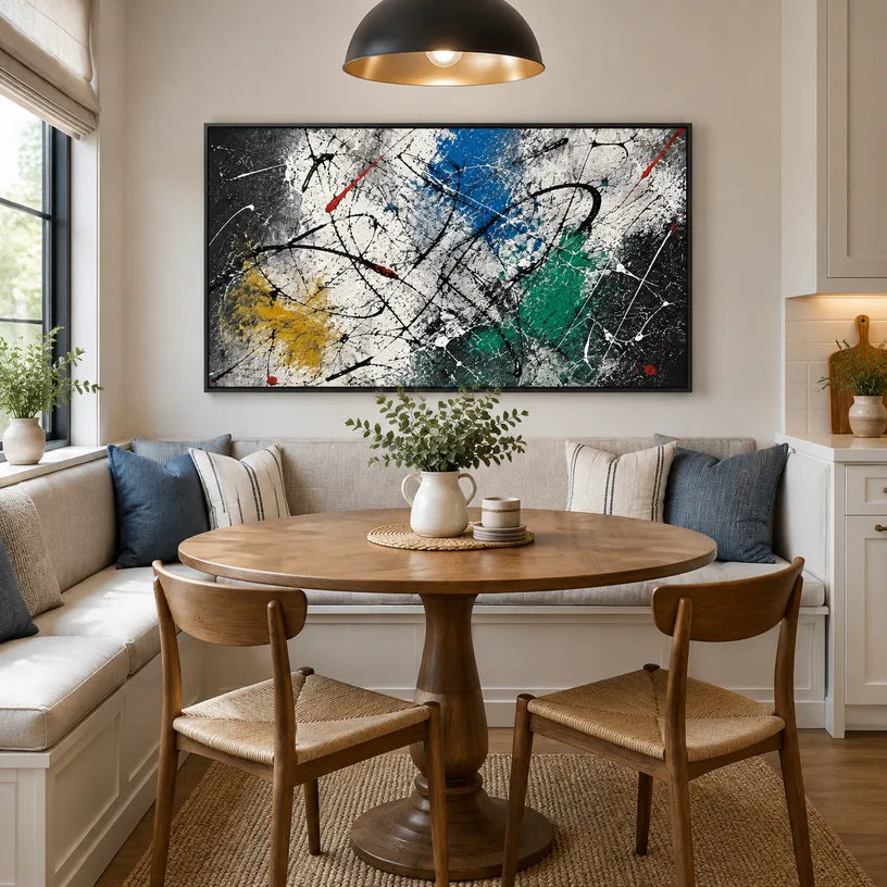 Abstract Expressionist abstract oil painting showing dark layered strokes with jewel-toned accents in a black palette, contemporary wall art.