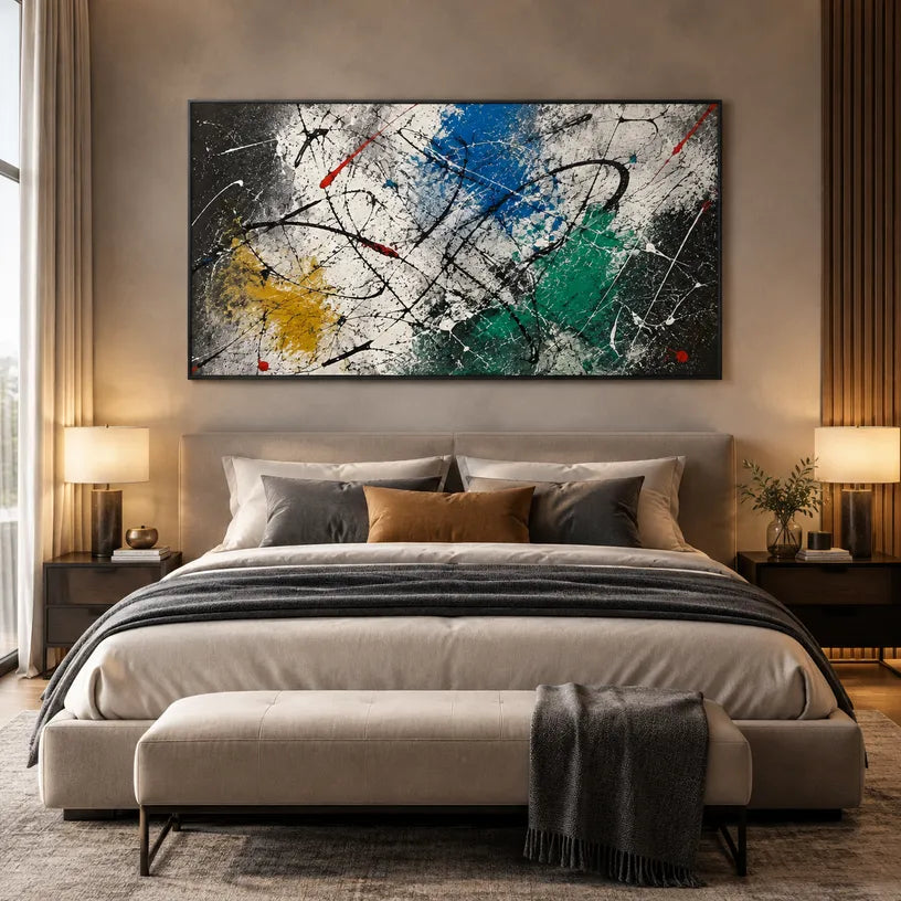Abstract Expressionist abstract oil painting showing dark layered strokes with jewel-toned accents in a black palette, contemporary wall art.