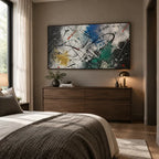 Abstract Expressionist abstract oil painting showing dark layered strokes with jewel-toned accents in a black palette, contemporary wall art.