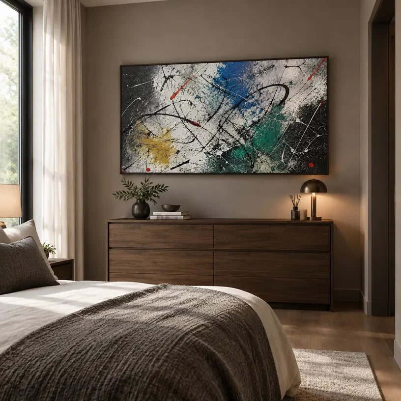 Abstract Expressionist abstract oil painting showing dark layered strokes with jewel-toned accents in a black palette, contemporary wall art.