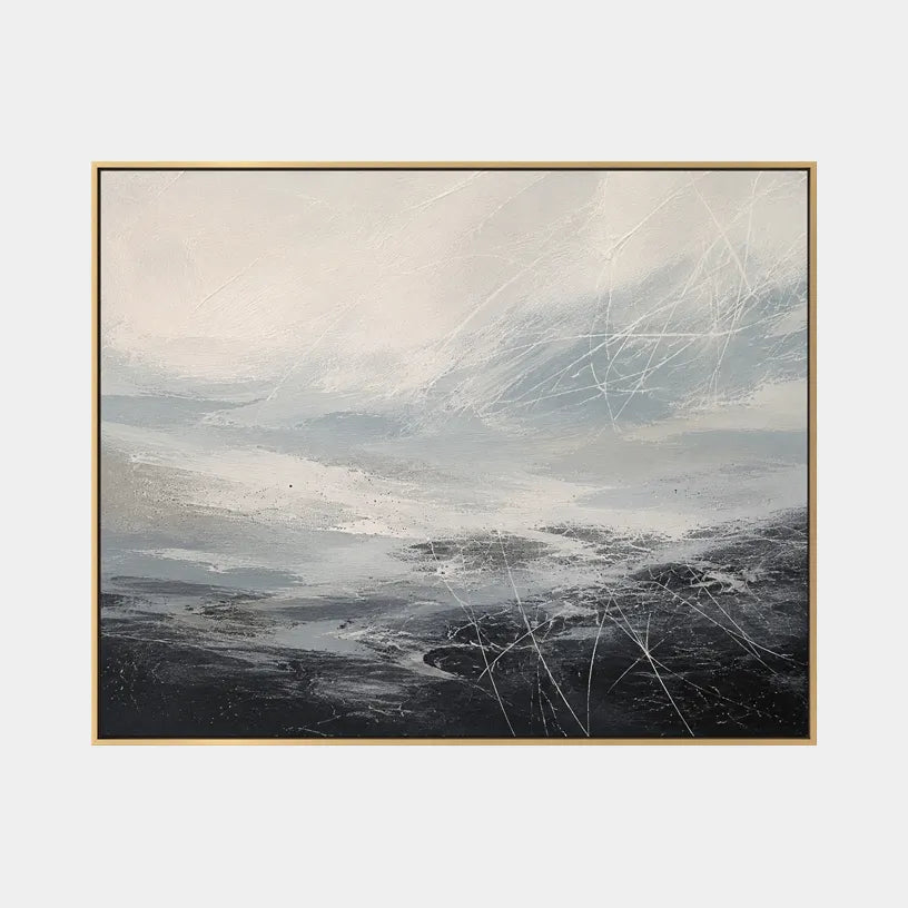 Abstract Expressionist landscapes & seascapes & cityscapes oil painting showing a quiet atmospheric horizon with layered water and sky in a grey palette, contemporary wall art.