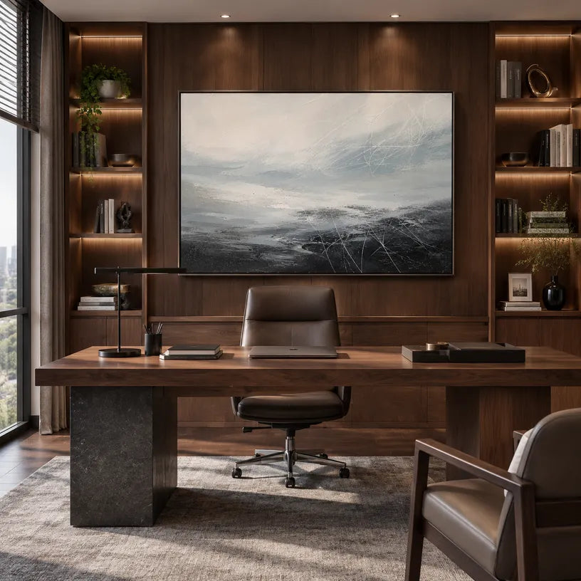 Abstract Expressionist landscapes & seascapes & cityscapes oil painting showing a quiet atmospheric horizon with layered water and sky in a grey palette, contemporary wall art.