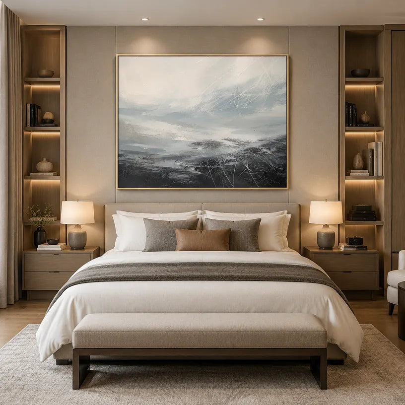 Abstract Expressionist landscapes & seascapes & cityscapes oil painting showing a quiet atmospheric horizon with layered water and sky in a grey palette, contemporary wall art.