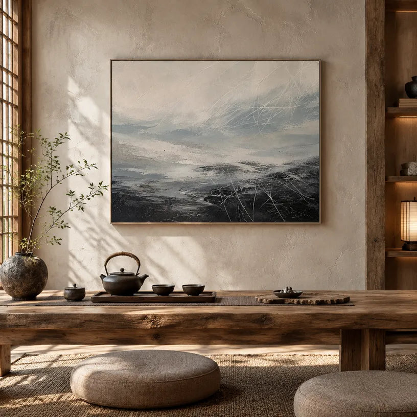 Abstract Expressionist landscapes & seascapes & cityscapes oil painting showing a quiet atmospheric horizon with layered water and sky in a grey palette, contemporary wall art.
