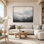 Abstract Expressionist landscapes & seascapes & cityscapes oil painting showing a quiet atmospheric horizon with layered water and sky in a grey palette, contemporary wall art.