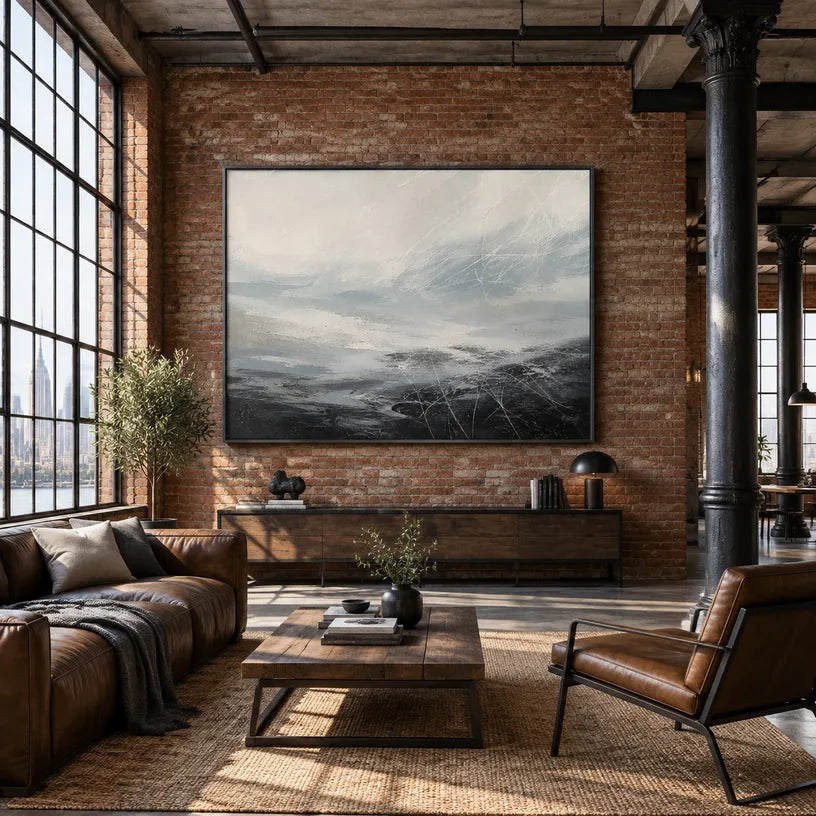 Abstract Expressionist landscapes & seascapes & cityscapes oil painting showing a quiet atmospheric horizon with layered water and sky in a grey palette, contemporary wall art.