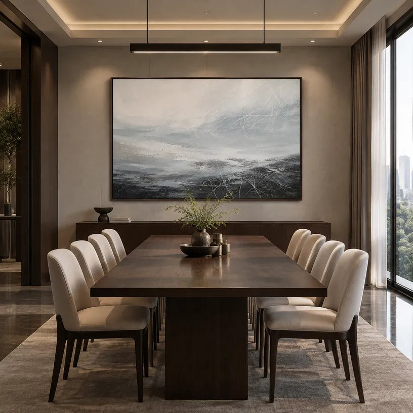 Abstract Expressionist landscapes & seascapes & cityscapes oil painting showing a quiet atmospheric horizon with layered water and sky in a grey palette, contemporary wall art.
