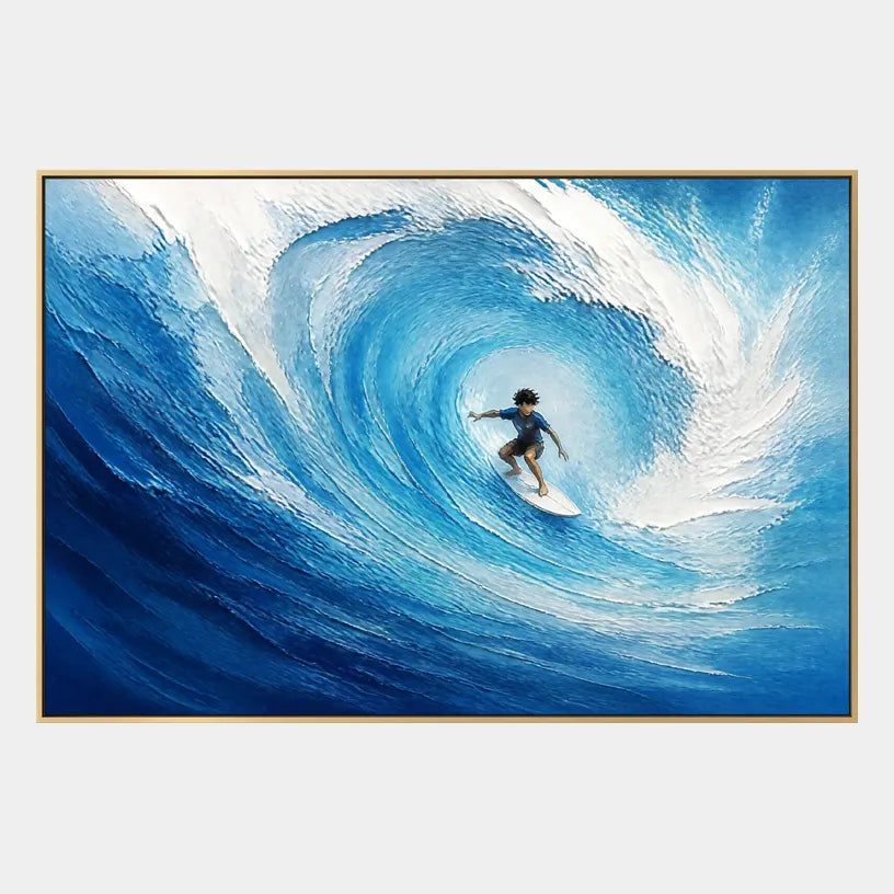 Abstract Expressionist landscapes & seascapes & cityscapes oil painting showing a vivid blue wave curling around a surfer in a blue palette, contemporary wall art.