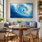 Abstract Expressionist landscapes & seascapes & cityscapes oil painting showing a vivid blue wave curling around a surfer in a blue palette, contemporary wall art.