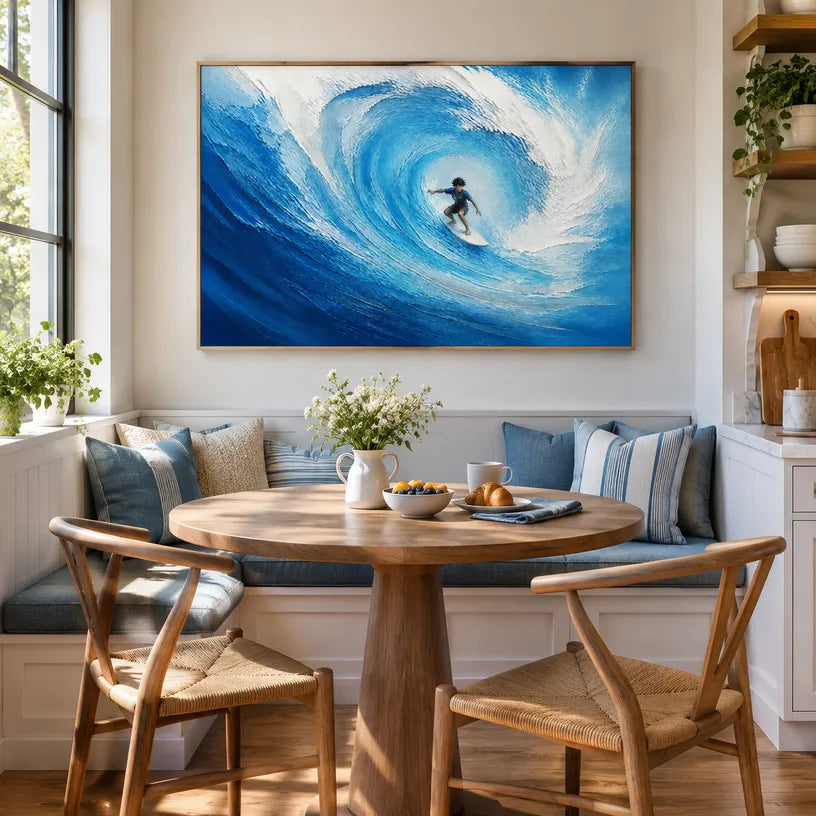 Abstract Expressionist landscapes & seascapes & cityscapes oil painting showing a vivid blue wave curling around a surfer in a blue palette, contemporary wall art.
