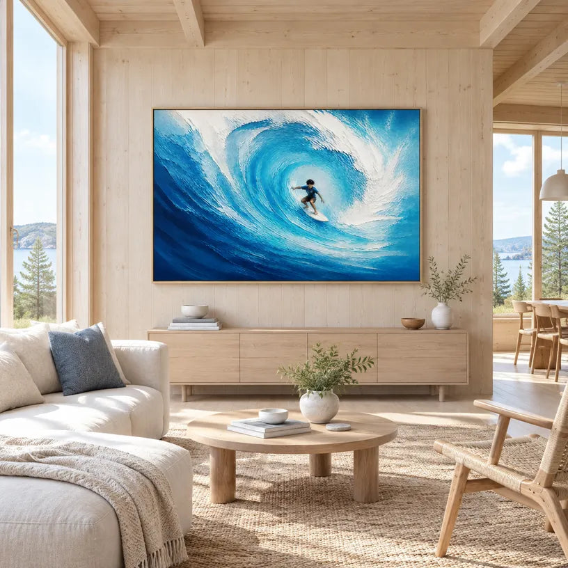Abstract Expressionist landscapes & seascapes & cityscapes oil painting showing a vivid blue wave curling around a surfer in a blue palette, contemporary wall art.
