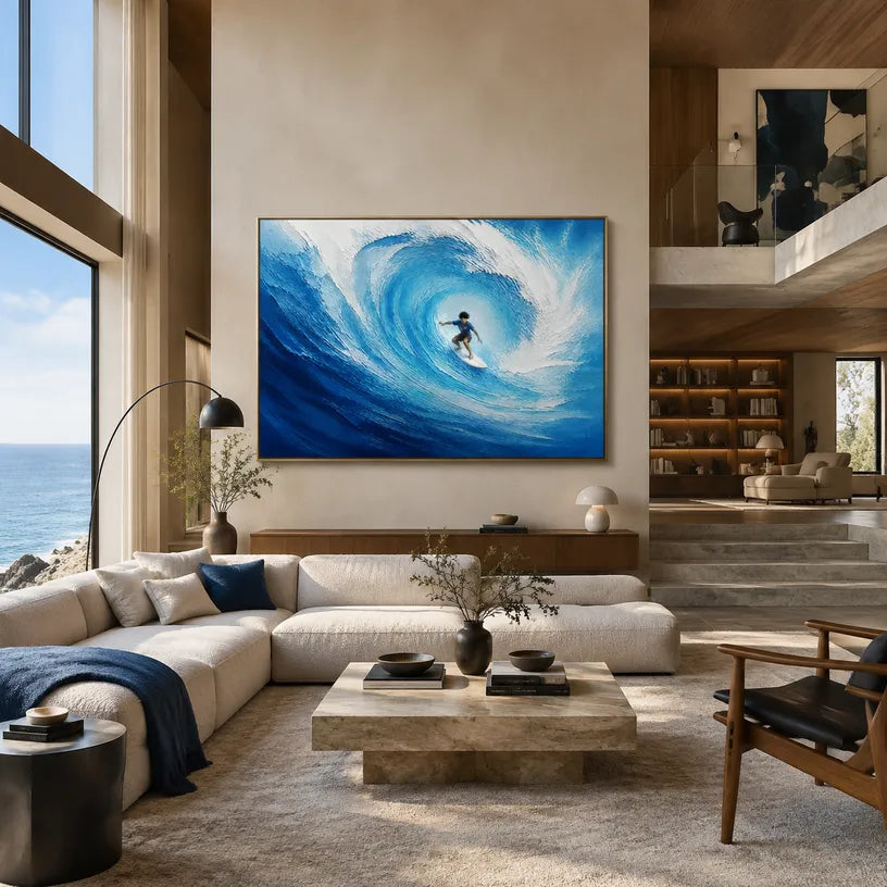 Abstract Expressionist landscapes & seascapes & cityscapes oil painting showing a vivid blue wave curling around a surfer in a blue palette, contemporary wall art.