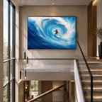 Abstract Expressionist landscapes & seascapes & cityscapes oil painting showing a vivid blue wave curling around a surfer in a blue palette, contemporary wall art.