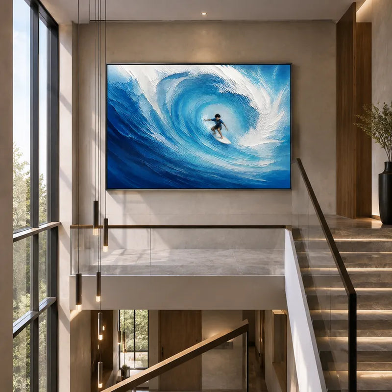 Peinture à l'huile de paysages, de marines et de paysages urbains d'expressionnisme abstrait présentant un paysage atmosphérique, un paysage marin ou une composition inspirée de la ville dans une palette bleue.