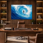 Abstract Expressionist landscapes & seascapes & cityscapes oil painting showing a vivid blue wave curling around a surfer in a blue palette, contemporary wall art.