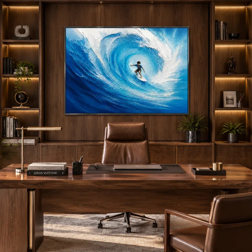 Abstract Expressionist landscapes & seascapes & cityscapes oil painting showing a vivid blue wave curling around a surfer in a blue palette, contemporary wall art.