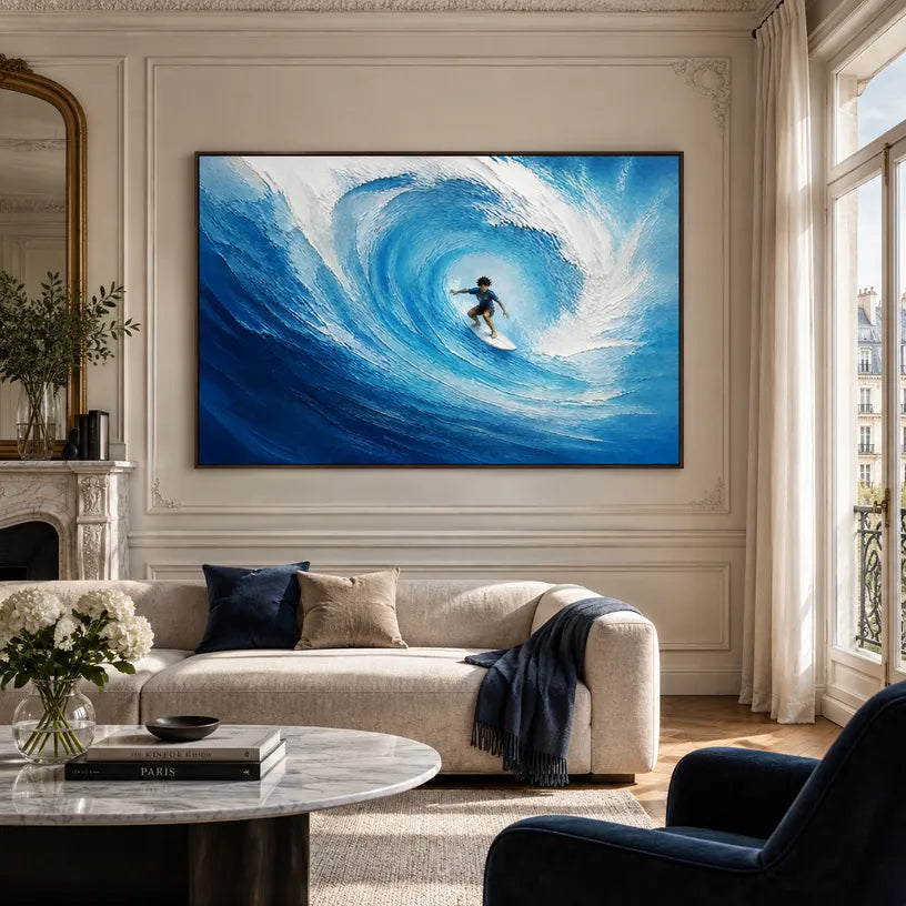 Abstract Expressionist landscapes & seascapes & cityscapes oil painting showing a vivid blue wave curling around a surfer in a blue palette, contemporary wall art.