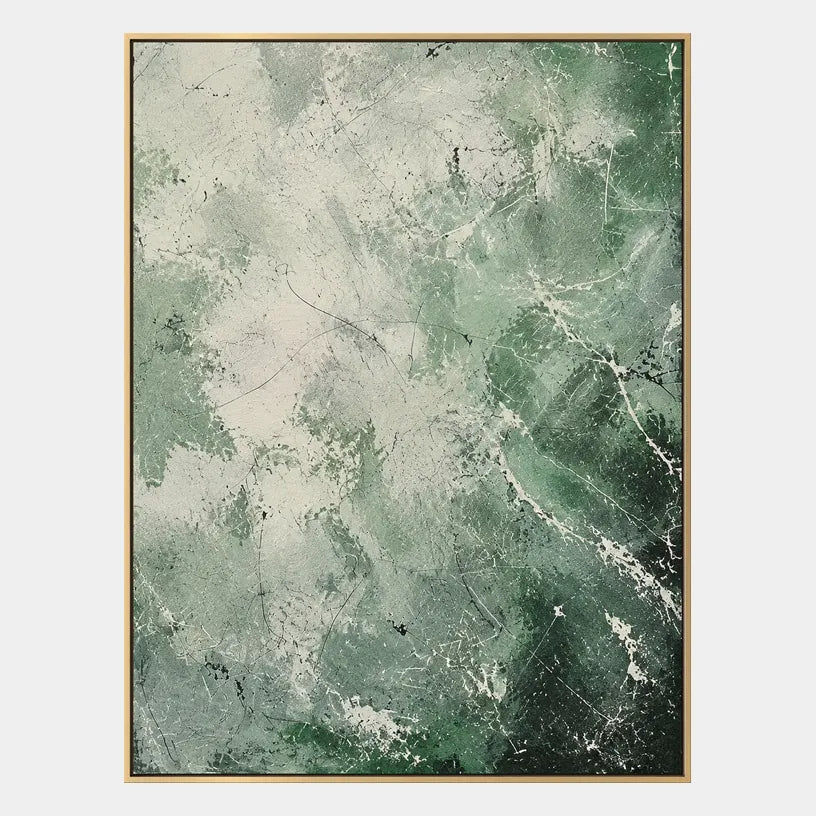 Abstract Expressionist abstract oil painting showing layered abstract marks, texture and expressive painterly movement in a green palette.