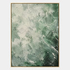 Abstract Expressionist abstract oil painting showing layered abstract marks, texture and expressive painterly movement in a green palette.