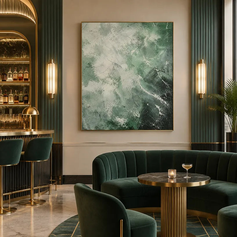 Abstract Expressionist abstract oil painting showing layered abstract marks, texture and expressive painterly movement in a green palette.
