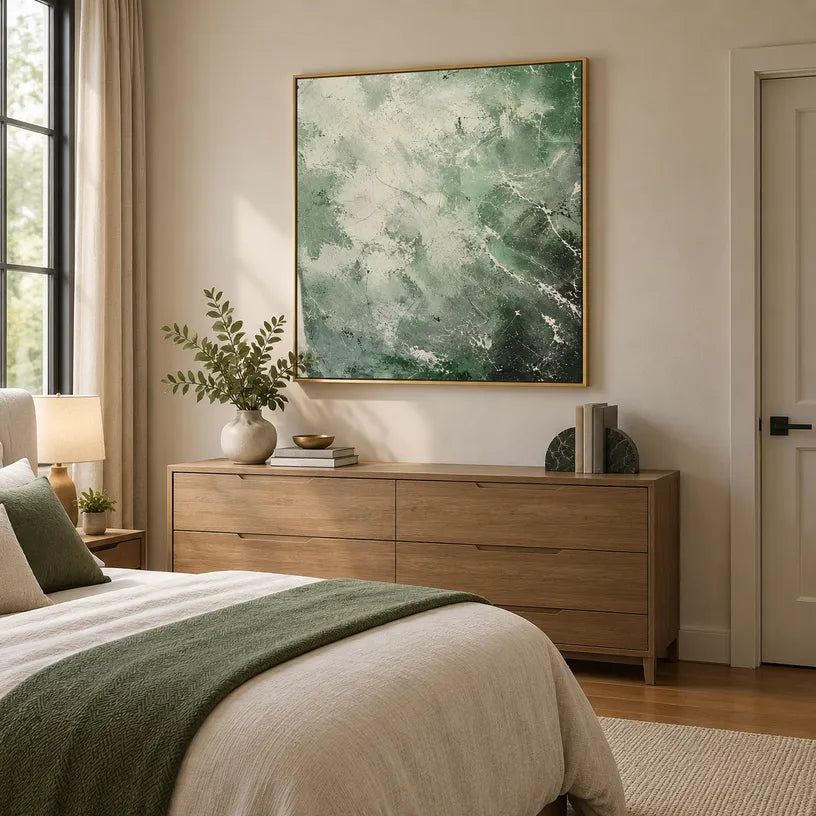 Abstract Expressionist abstract oil painting showing layered abstract marks, texture and expressive painterly movement in a green palette.
