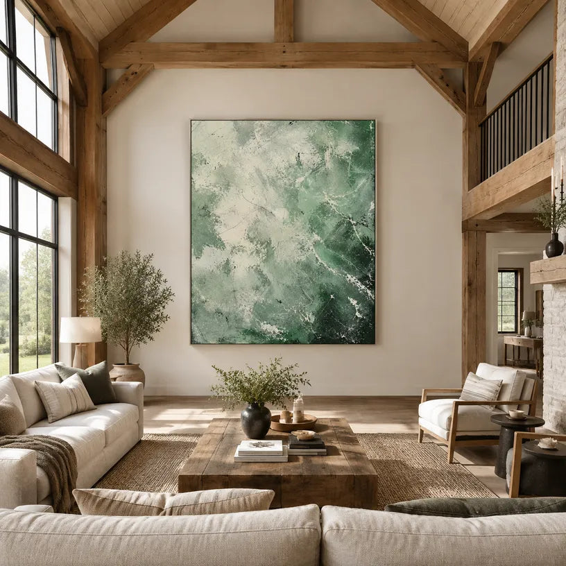 Abstract Expressionist abstract oil painting showing layered abstract marks, texture and expressive painterly movement in a green palette.