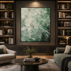 Abstract Expressionist abstract oil painting showing layered abstract marks, texture and expressive painterly movement in a green palette.