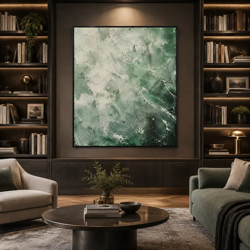 Abstract Expressionist abstract oil painting showing layered abstract marks, texture and expressive painterly movement in a green palette.
