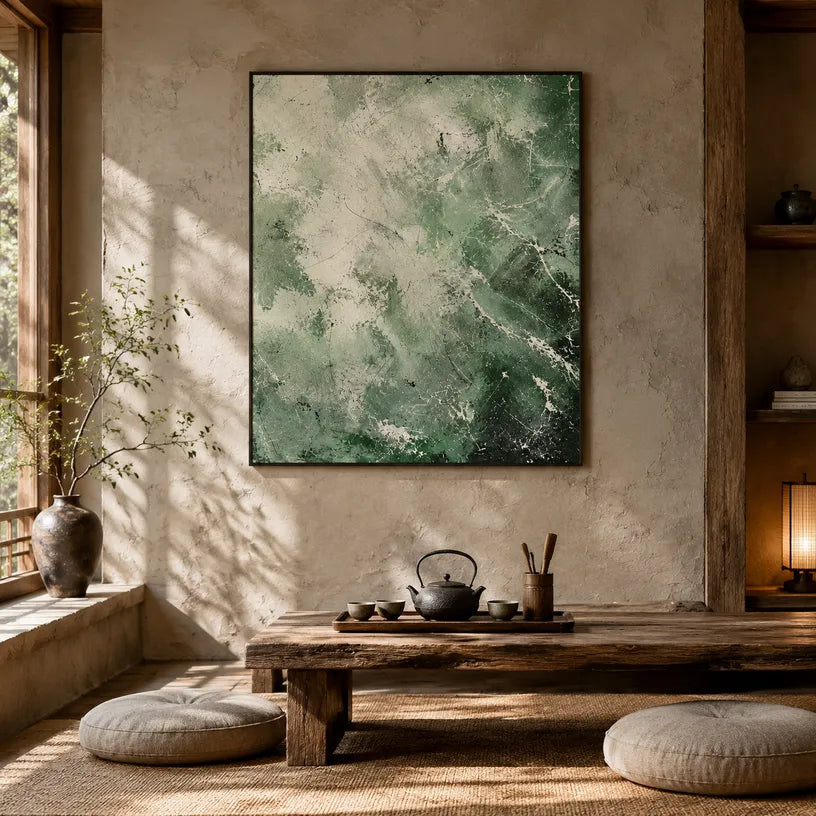 Abstract Expressionist abstract oil painting showing layered abstract marks, texture and expressive painterly movement in a green palette.