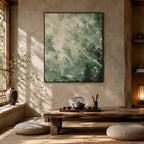 Abstract Expressionist abstract oil painting showing layered abstract marks, texture and expressive painterly movement in a green palette.