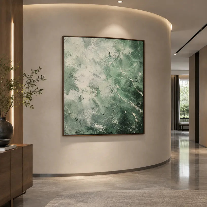Abstract Expressionist abstract oil painting showing layered abstract marks, texture and expressive painterly movement in a green palette.