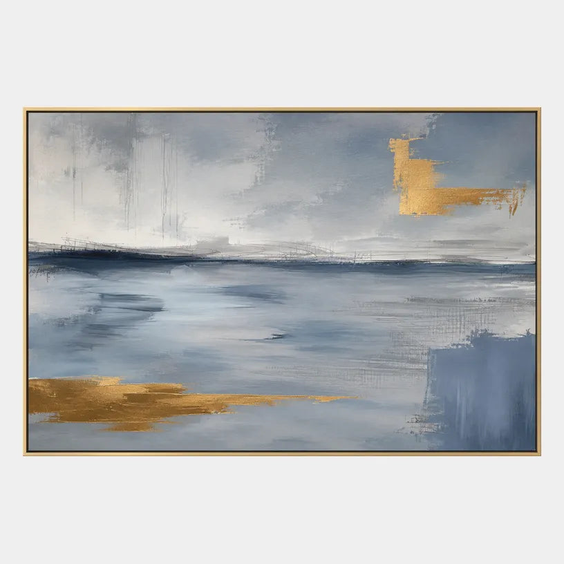 Abstract Expressionist landscapes & seascapes & cityscapes oil painting showing a painterly landscape with distant hills, trees or reflective water in a grey palette.
