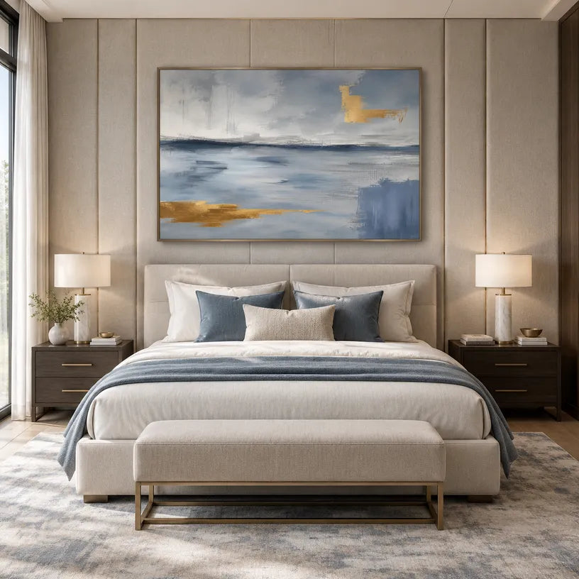 Abstract Expressionist landscapes & seascapes & cityscapes oil painting showing a painterly landscape with distant hills, trees or reflective water in a grey palette.