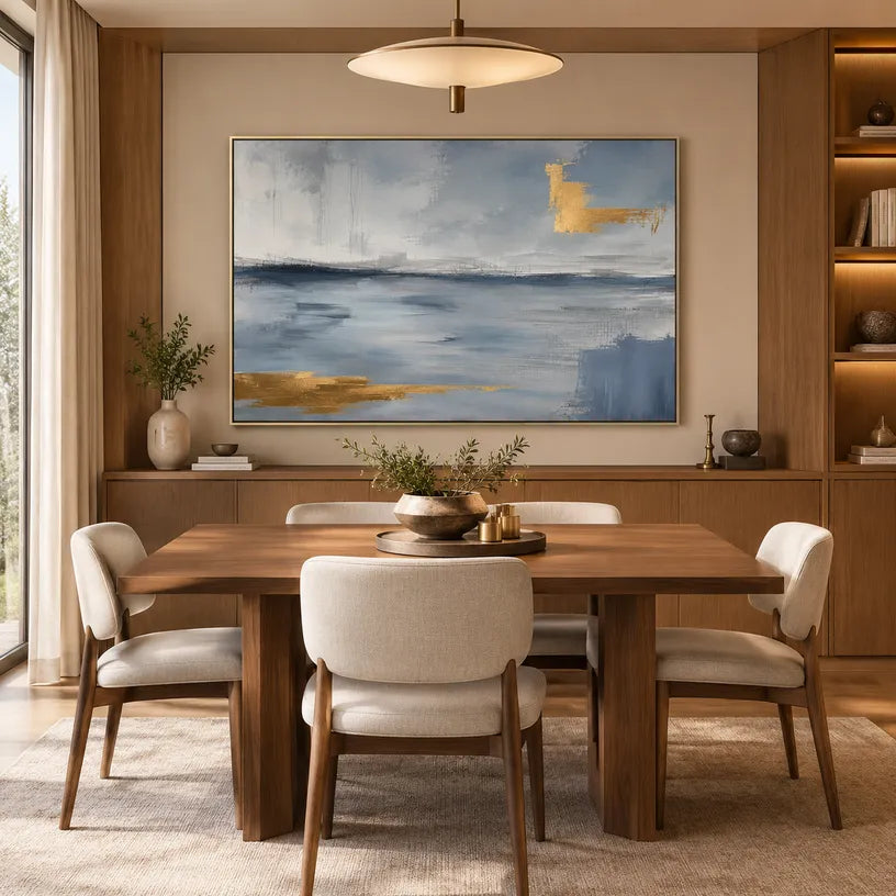 Abstract Expressionist landscapes & seascapes & cityscapes oil painting showing a painterly landscape with distant hills, trees or reflective water in a grey palette.