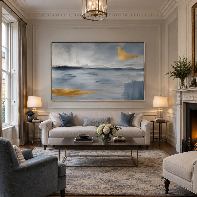 Abstract Expressionist landscapes & seascapes & cityscapes oil painting showing a painterly landscape with distant hills, trees or reflective water in a grey palette.