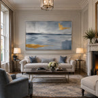 Abstract Expressionist landscapes & seascapes & cityscapes oil painting showing a painterly landscape with distant hills, trees or reflective water in a grey palette.