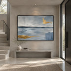 Abstract Expressionist landscapes & seascapes & cityscapes oil painting showing a painterly landscape with distant hills, trees or reflective water in a grey palette.