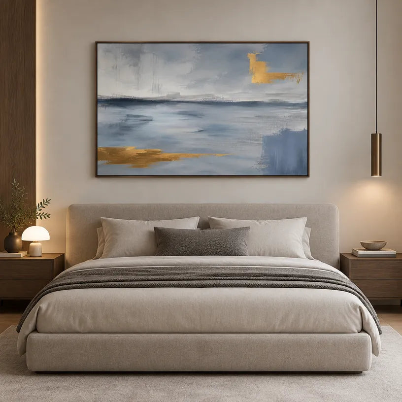 Abstract Expressionist landscapes & seascapes & cityscapes oil painting showing a painterly landscape with distant hills, trees or reflective water in a grey palette.