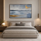 Abstract Expressionist landscapes & seascapes & cityscapes oil painting showing a painterly landscape with distant hills, trees or reflective water in a grey palette.