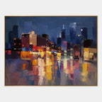 Abstract Expressionist landscapes & seascapes & cityscapes oil painting showing a stylized city skyline with reflective water and atmospheric light in a blue palette.
