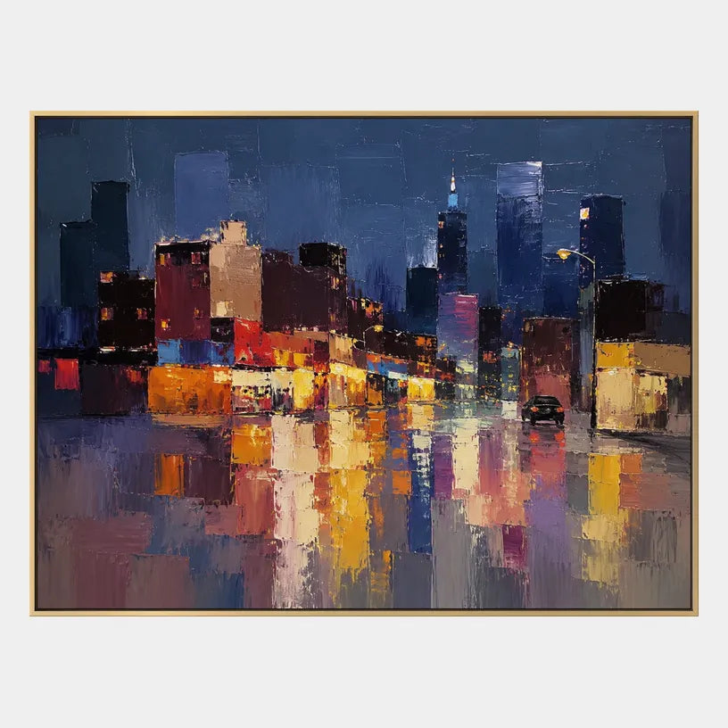 Abstract Expressionist landscapes & seascapes & cityscapes oil painting showing a stylized city skyline with reflective water and atmospheric light in a blue palette.