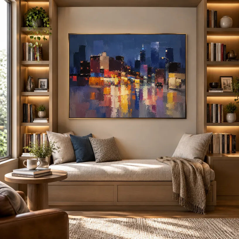 Abstract Expressionist landscapes & seascapes & cityscapes oil painting showing a stylized city skyline with reflective water and atmospheric light in a blue palette.