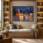 Abstract Expressionist landscapes & seascapes & cityscapes oil painting showing a stylized city skyline with reflective water and atmospheric light in a blue palette.