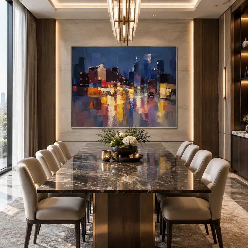 Abstract Expressionist landscapes & seascapes & cityscapes oil painting showing a stylized city skyline with reflective water and atmospheric light in a blue palette.