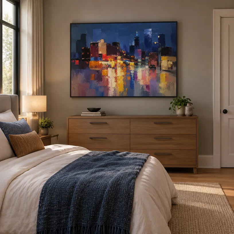 Abstract Expressionist landscapes & seascapes & cityscapes oil painting showing a stylized city skyline with reflective water and atmospheric light in a blue palette.