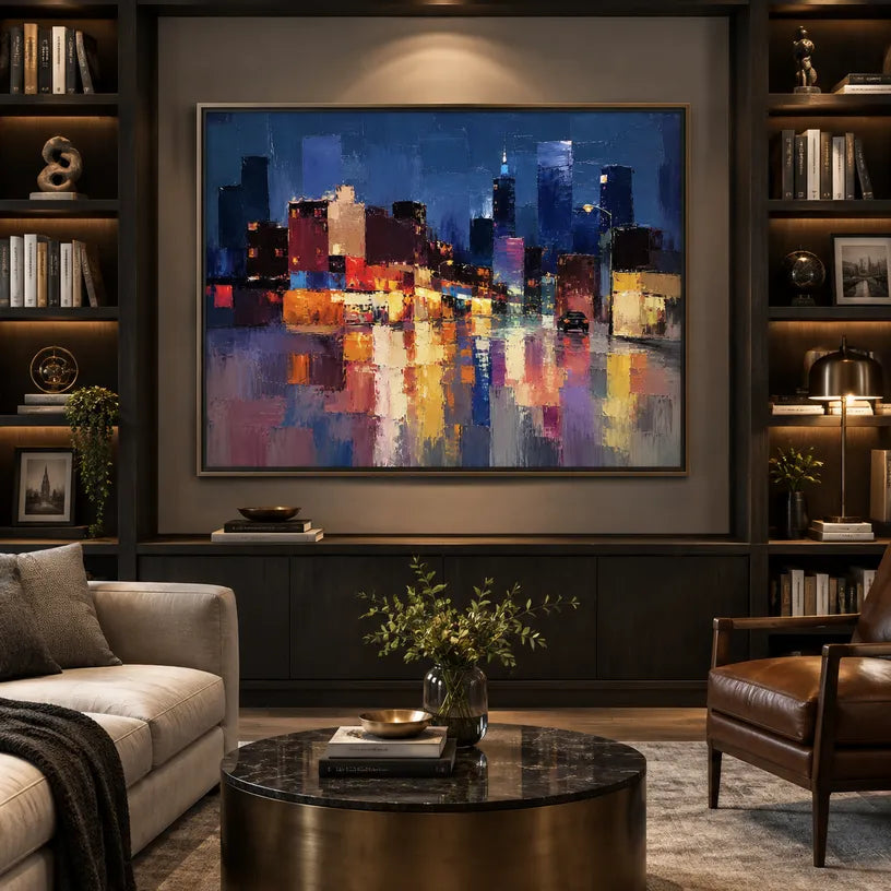 Abstract Expressionist landscapes & seascapes & cityscapes oil painting showing a stylized city skyline with reflective water and atmospheric light in a blue palette.