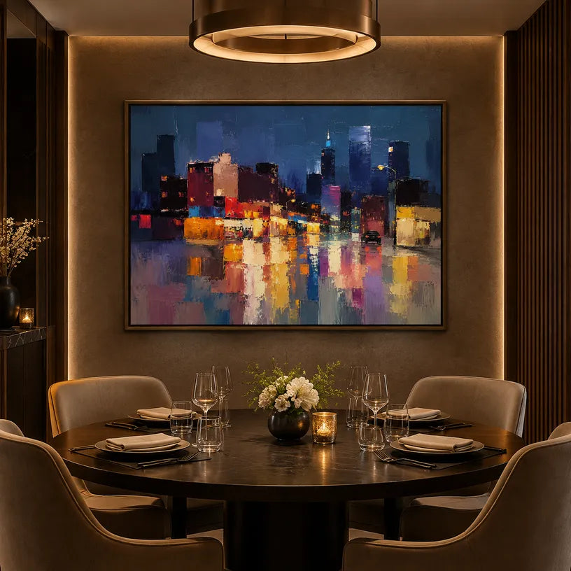 Abstract Expressionist landscapes & seascapes & cityscapes oil painting showing a stylized city skyline with reflective water and atmospheric light in a blue palette.