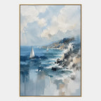 Abstract Expressionist landscapes & seascapes & cityscapes oil painting showing a blue coastal wave and distant sailboat in a blue palette, contemporary wall art.