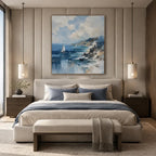 Abstract Expressionist landscapes & seascapes & cityscapes oil painting showing a blue coastal wave and distant sailboat in a blue palette, contemporary wall art.